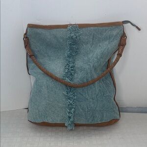 Free People Blue Canvas and Leather Wilhelmina Fringe Bucket Tote Bag